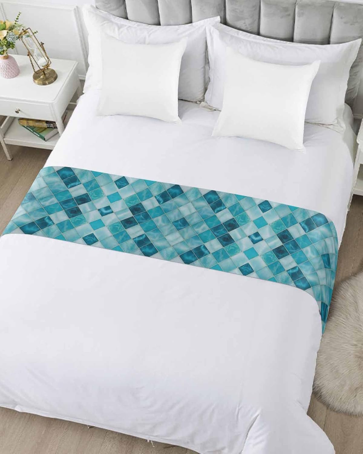 Blue Geometric Bed Runner Scarf Full Queen Size, Modern Diamond Texture Ombre Lines Luxury Bed Throw Runners & Scarves for Twin Full Queen King Foot of Bed, Bedroom Hotel Decoration, 83"x20"