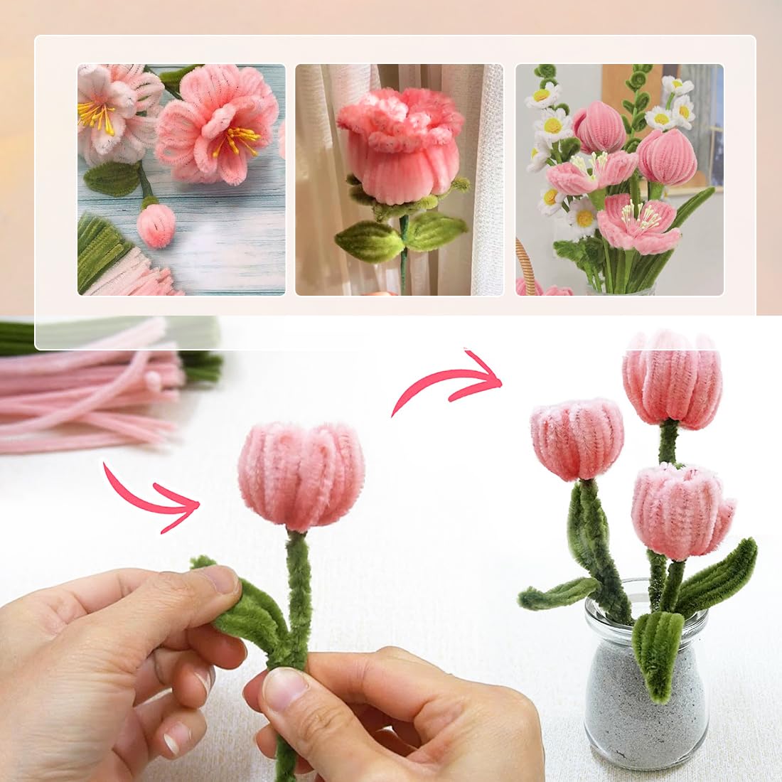 YYUENGTAK Vintage Bruine Pijpenreiniger, Bloemenset, Met 200 Stuks Pijpenrassers Voor Het Knutselen Van Bloemen 3 Kleuren Instructies 12 Knutseldraad Cadeaupapier Cadeaulint Bloemenlint 1424978753