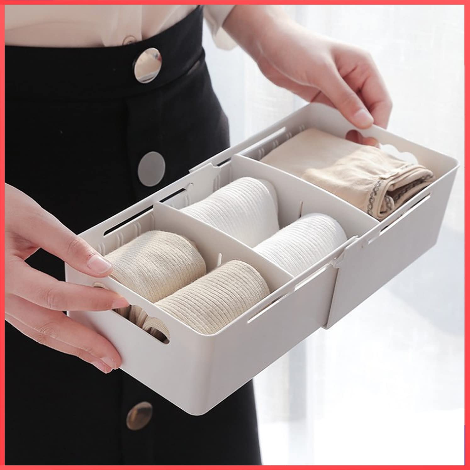wolpin 1 Pc Retractable Socks Organizer Storage Box Drawer Divider Organizer Closet Storage For Socks Bra, Tie, Undergarments, Inner-Wear, Scarfs – Beige, 32 X 14 X 8 Cms, Plastic, Clothing