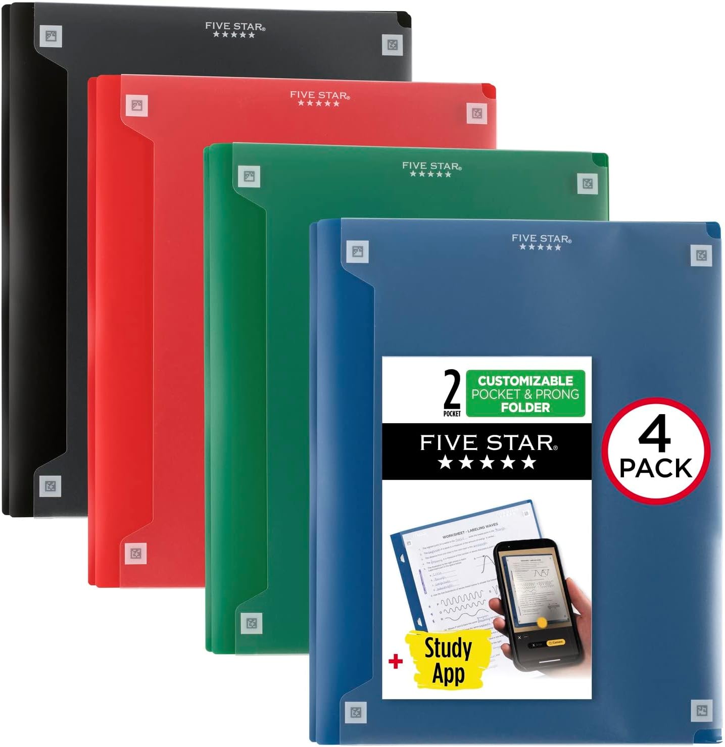 Five Star2 Pocket Folder with Prong Fasteners, 4 Pack, Folder with Pockets, Customizable Cover, Plastic, Black, Pacific Blue, Fire Red, Forest Green (340220A-ECM)