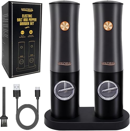 Juego de 2 molinillos eléctricos de sal y pimienta, molinillo eléctrico recargable por USB con cable tipo C, luces LED, grosor ajustable, operación