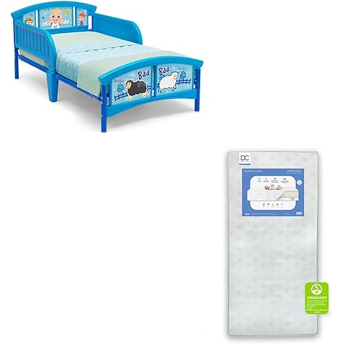 Delta Children Plastic Toddler Bed, CoComelon Twinkle Galaxy Dual Sided Crib and Toddler Mattress (Bundle)