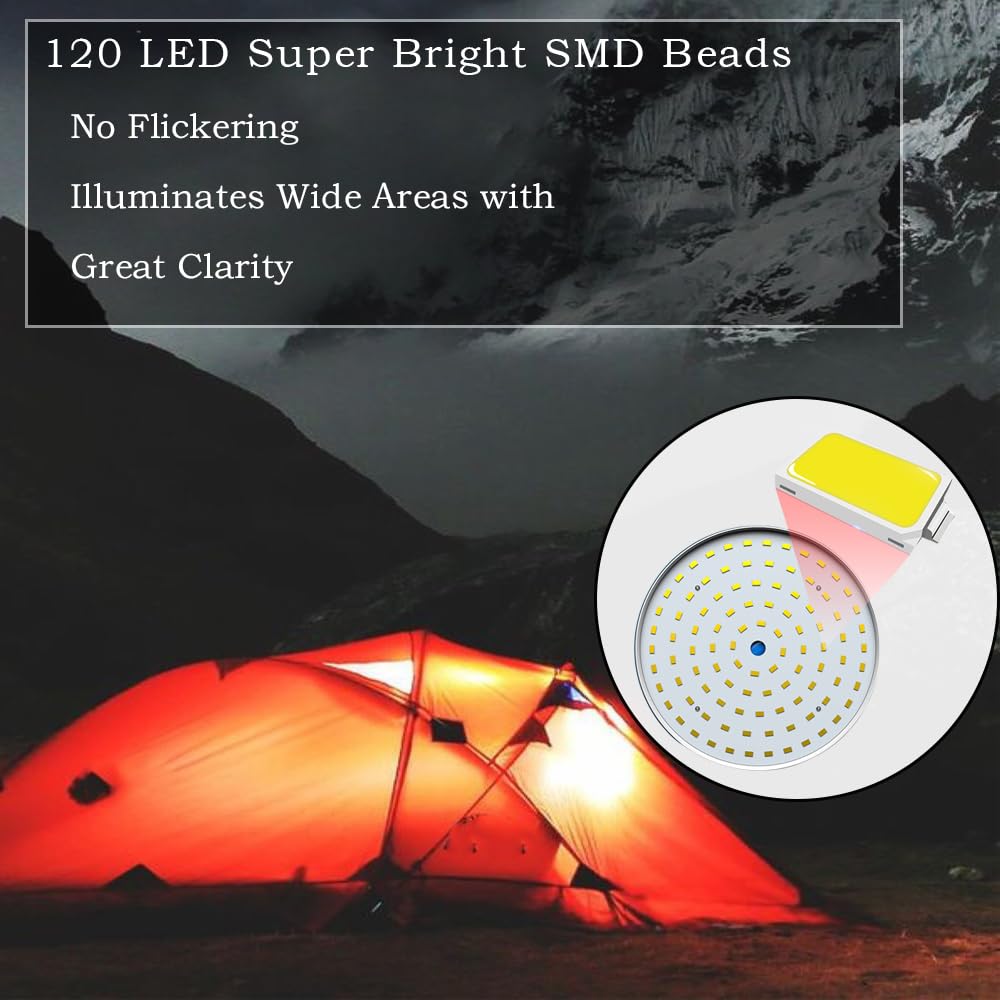 Lanterna solare a LED da campeggio, 120 LED, 6000 lm, 5 modalità, ricaricabile tramite USB, telecomando portatile, torcia da appendere, per pesca all'aperto, emergenza, cortile, giardino, confezione