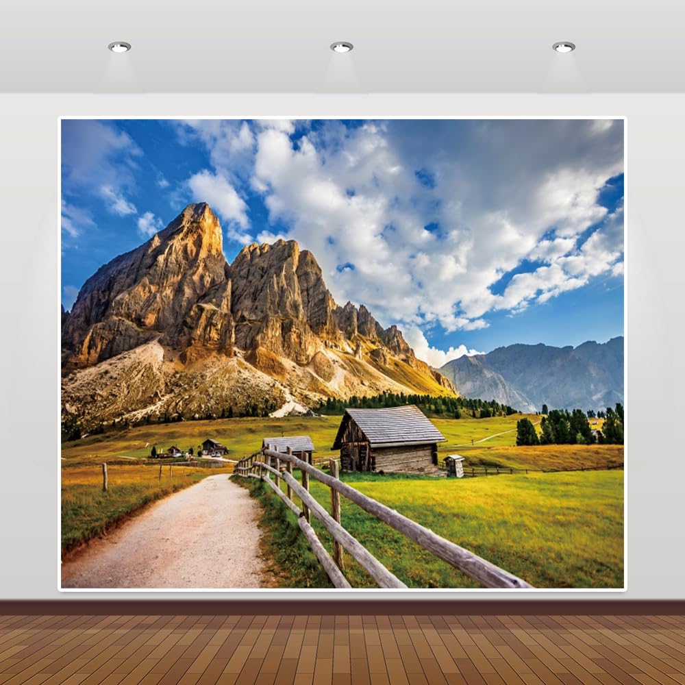 Mountain Path Backdrop 16.5x10ft Vinyl Natural Landscape Backdrops for Photoshoot Mountain Blue Sky Lane Log Cabin Photography Backdrop Adult Child Portrait Wedding Baby Shower Background Decor Props