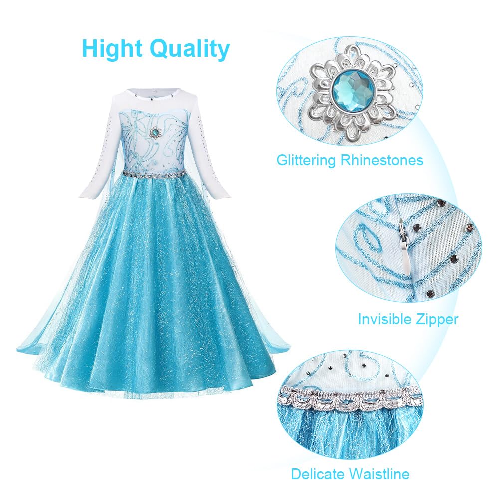 URAQT Costume di Elsa, Set da Principessa Elsa Corona Bacchetta Guanti Treccia, Costume di Cosplay Party Halloween Costume Abito delle Ragazze di Natale Vestito Fantasia (Verde Chiaro-150)