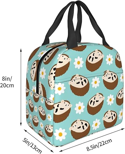 Miniatura 4 de Bolsa de almuerzo con bonito patrón con erizos y flores en una lonchera aislada azul para regreso a clases, bolsas reutilizables para comidas,