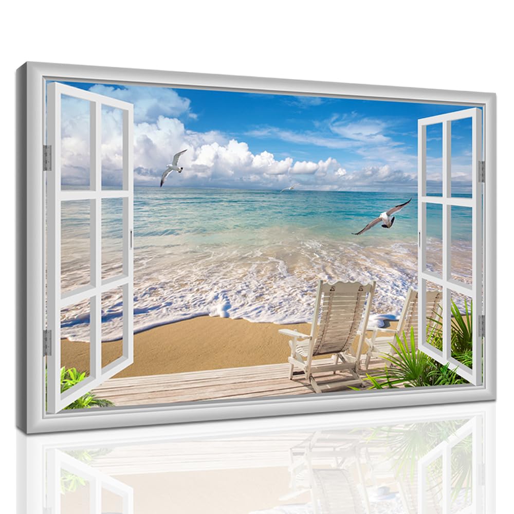 Large Beach Pictures Wall Art Canvas Print Artwork Blue Ocean Seascape Window frame Decor Living Room Bedroom Office 32 x48 inches