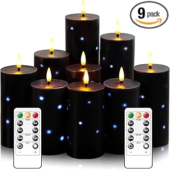 Flickering Flameless Candles,Battery Operated Real Wax LED Pillar Candles with Remote Control and Timer,with Embedded Star String,Set of 9 (Black)