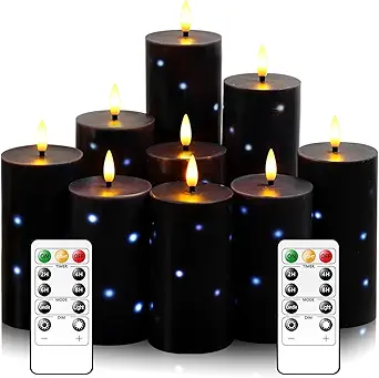 Flickering Flameless Candles,Battery Operated Real Wax LED Pillar Candles with Remote Control and Timer,with Embedded Star String,Set of 9 (Black)