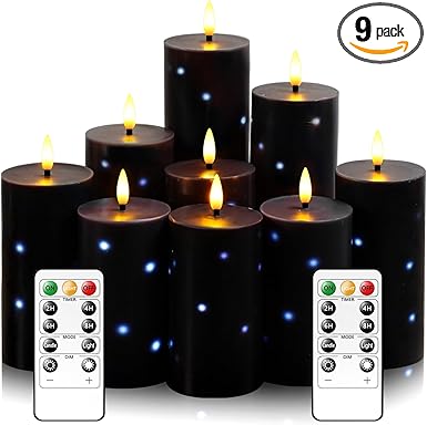 Flickering Flameless Candles,Battery Operated Real Wax LED Pillar Candles with Remote Control and Timer,with Embedded Star String,Set of 9 (Black)