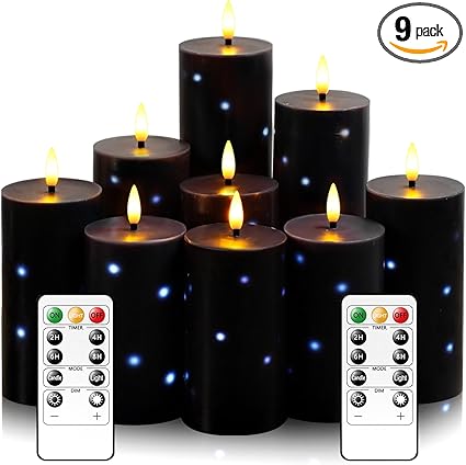 Flickering Flameless Candles,Battery Operated Real Wax LED Pillar Candles with Remote Control and Timer,with Embedded Star String,Set of 9 (Black)
