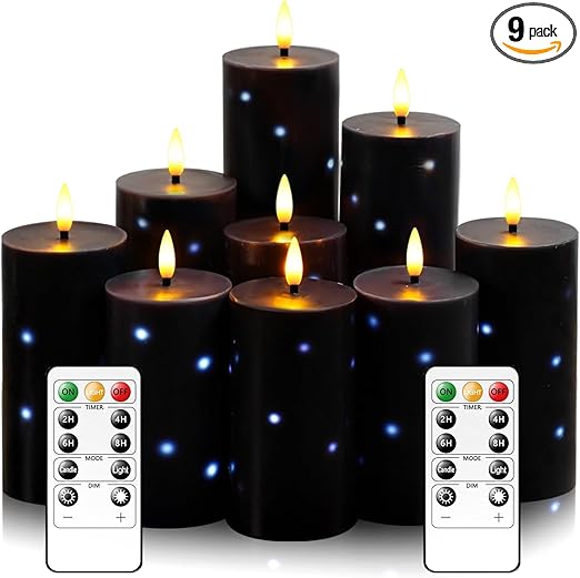 Flickering Flameless Candles,Battery Operated Real Wax LED Pillar Candles with Remote Control and Timer,with Embedded Star String,Set of 9 (Black)