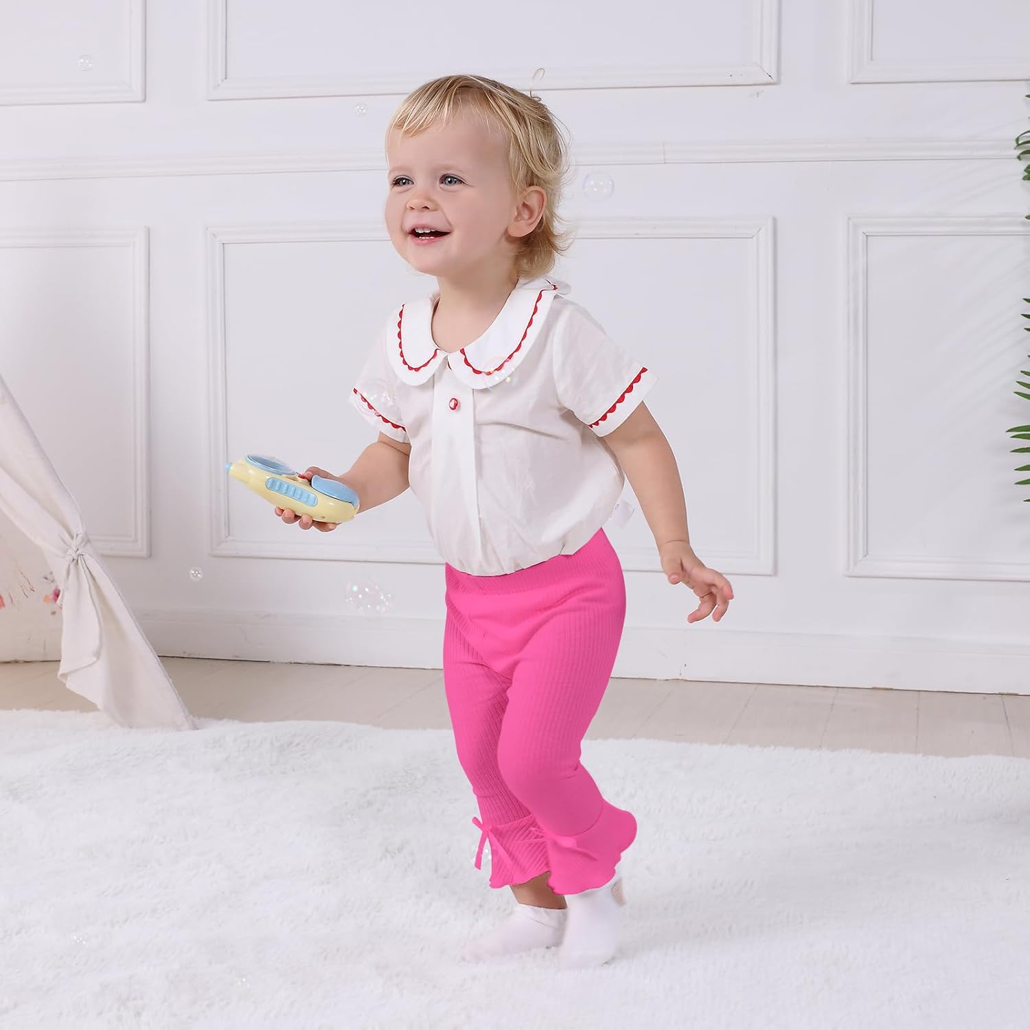 DREAM BUS 5 Pack Baby Pants Toddler Girl Ribbed Ruffle Bell Bottoms Toddler Leggings Baby Boy Pants Newborn Girl Flare Pants