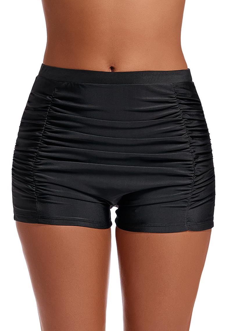 Women's High Waisted Swim Shorts Ruched Boyleg Tummy Control Bikini Bottom