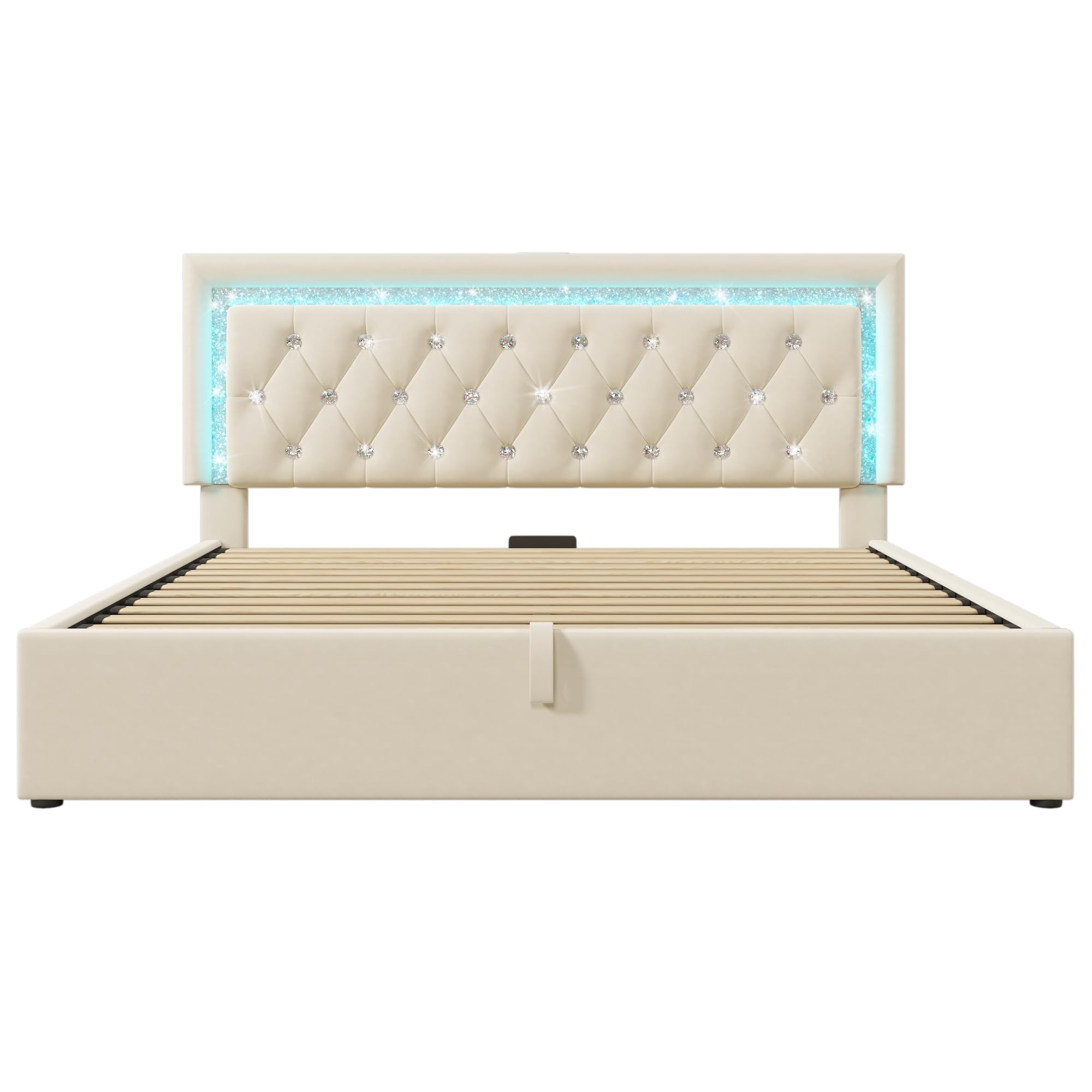 Lubvtti Cama acolchada con LED, estación de carga USB y tipo C, cama de matrimonio con contenedor hidráulico, estructura de cama con somier de láminas, terciopelo (beige, 160 x 200 cm)