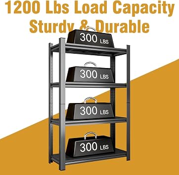 4-Tier Adjustable Metal Storage Shelf, for Garage, Shed, Supermarket, Living Room, Multi-Purpose Storage Shelf, Black (63 H x 35.43 W x 17.71 D)
