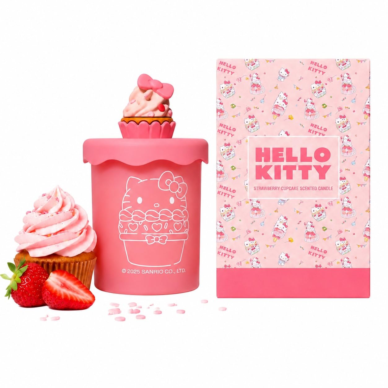 Hello Kitty Bakery Strawberry Cupcake Scented Candle with Decorative Silicone Cupcake Lid – Sweet Fragrance, Reusable Pink Glass Jar, 8 cm (W) x 8 cm (H)