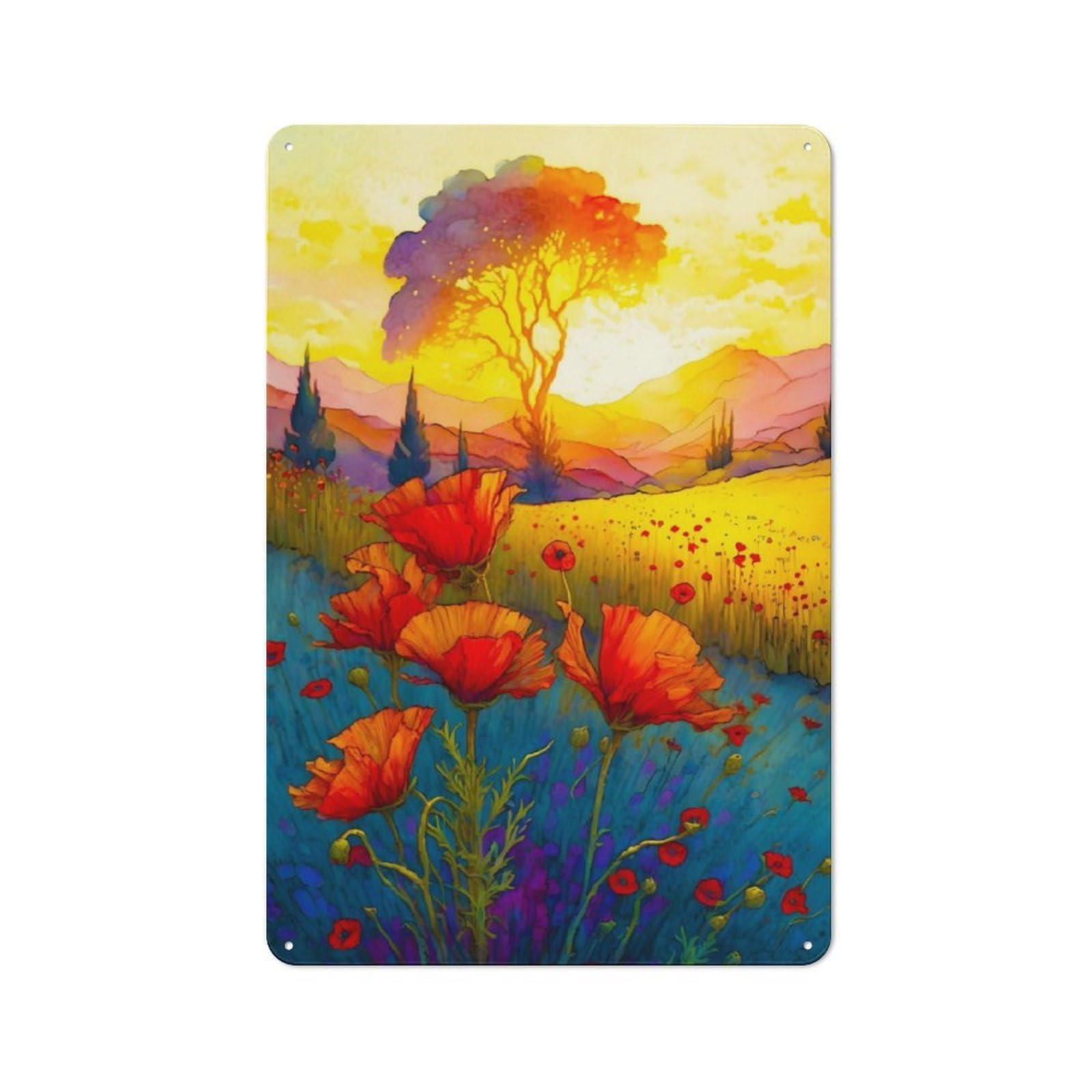Junmoney Red Poppy Field Sunrise Tin Wall Plaque 30X20cm With For Dining Room Or Kitchen, For Vintage Wall Decor Fans, For Themed Room Decoration