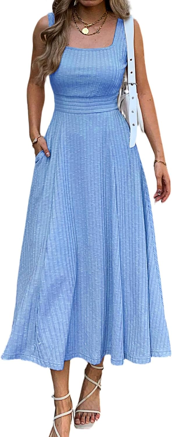 Womens Summer Maxi Dress with Pocket Square Neck Sleeveless Knit A Line Long Flowy Dress Beach Vacation Boho Sundress