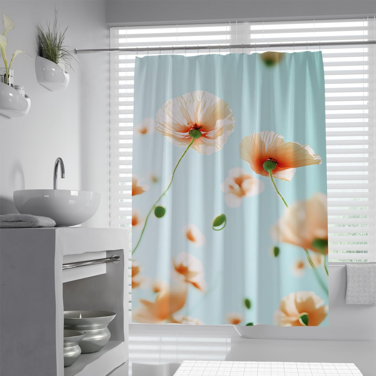 UIRINGART Luxury Sky Blue Poppy Shower Curtain W200xL220cm Bright Orange Wildflower Mildew Resistant Quick Dry Bath Curtains Walk In Shower With Hooks