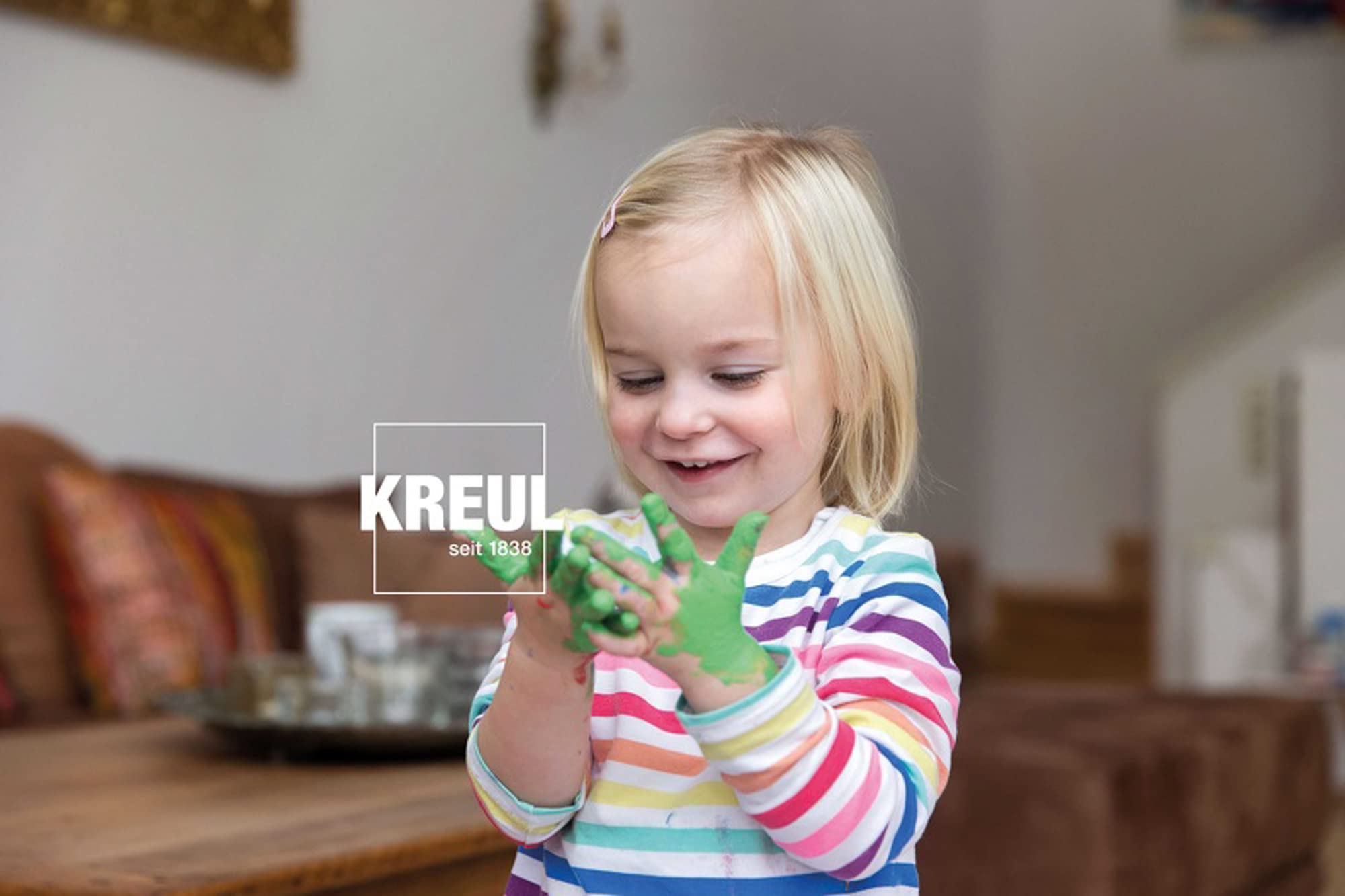 KREUL 23108 – Mucki jasna farba do malowania palcami, 150 ml w kolorze niebieskim, na bazie wody, bez parabenów, glutenu i laktozy, wegańska, zmywalna, można ją nakładać pędzlem, gąbką
