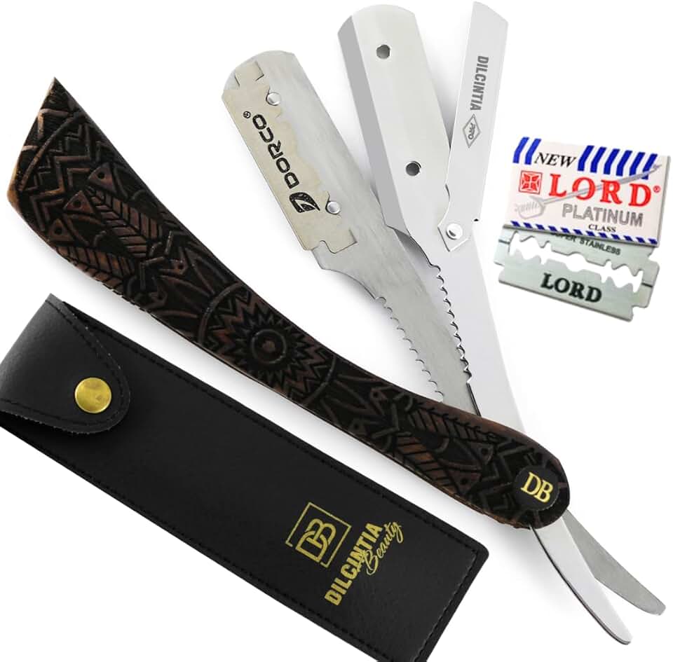 Navalhete para Barba Profissional Aço Inox Cabo Madeira Nobre Talhada + Case Navalha Barbeiro Acabamento Barba Bigode Cabelo