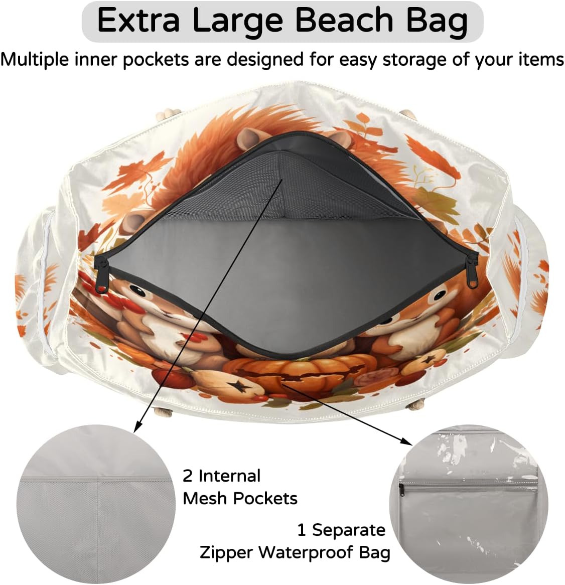 Watercolour Squirrel Pumpkin Berry Maple Leaf Beach Bag for Women Waterproof Sandproof Tote with Zipper Cotton Rope Handles for Travel Pool Gym Shopping
