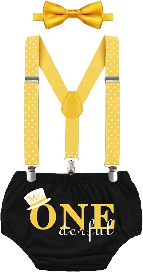 MYRISAM Mr. Onederful Cake Smash Outfit Boy First Birthday Photo Shoot Set Bloomers Suspenders Bowtie Baby Shower Costume