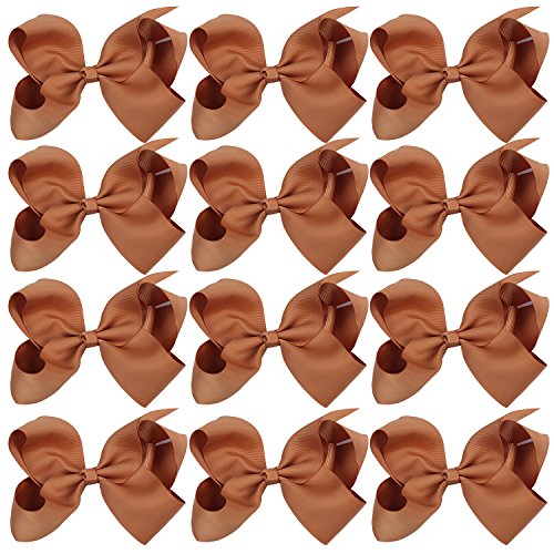 ICObuty 4 Inch Boutique Girls Hair Bows Hair Clips for Girls Toddlers 12 Pcs Solid Color (Caramel)