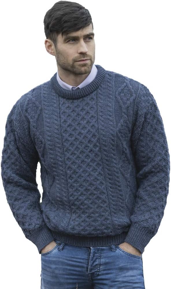 Aran Crafts Irish Soft Cable Knitted Crew Neck Unisex Sweater (100% Pure New Wool)