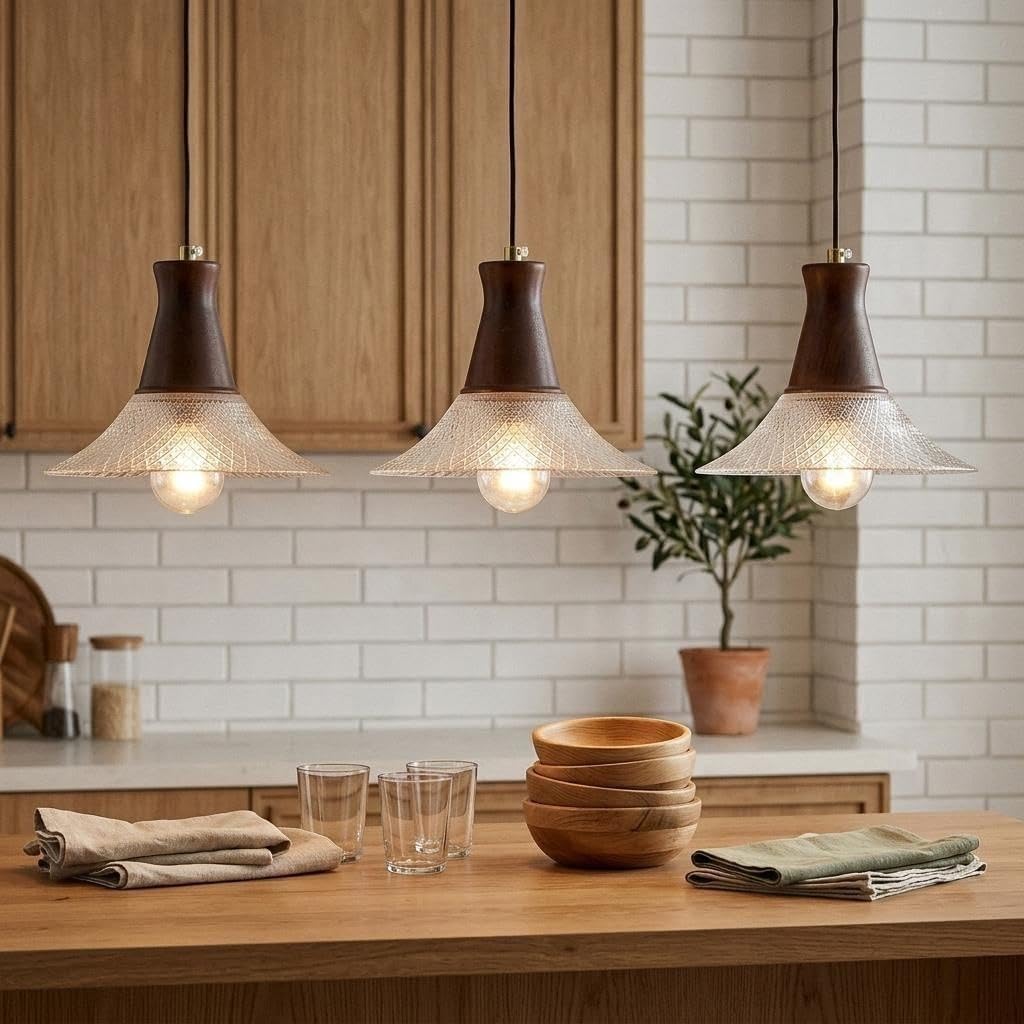 Vintage Farmhouse Glass Pendant Light Fixture 9 Inch Industrial Clear Ceiling Hanging Light with Walnut Wood lamp Holder for Kitchen Island Hallway Bar Dining Room Bedroom Foyer（3 Pack）