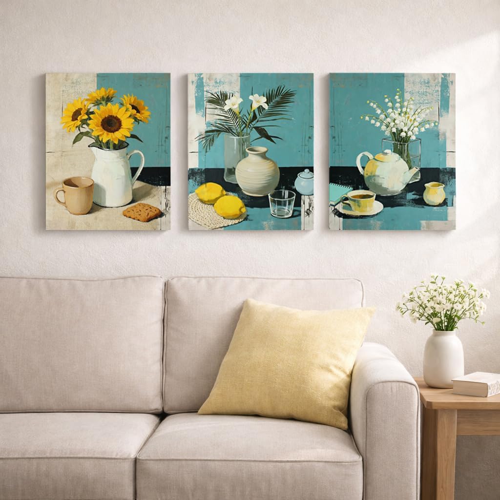 Farmhouse Kitchen Canvas Wall Art Set of 3, 12x16 Inch Framed Sunflower and Floral Still Life Wall Decor, Rustic Country Artwork for Dining Room, Ready to Hang (Green)