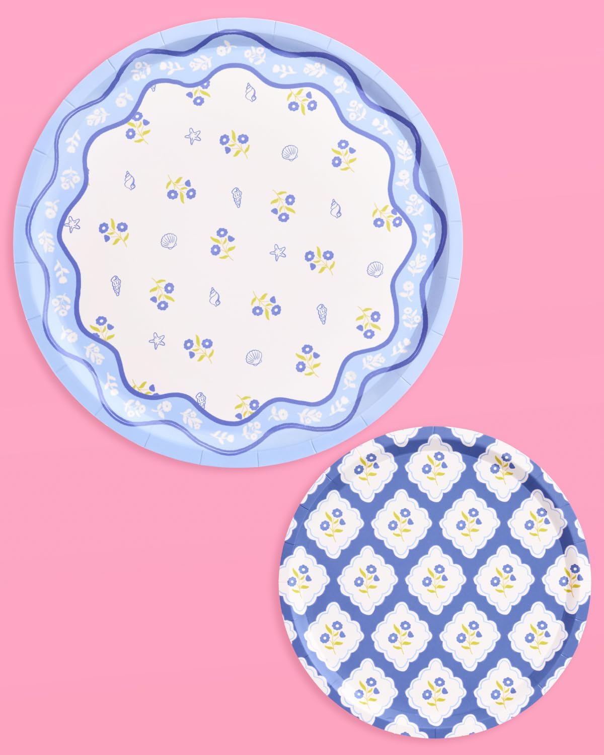 xo, Fetti Blue Coastal Paper Plates | 32 pcs, 16 9" plates + 16 7" plates | Nautical Bachelorette Decorations, Seaside Dinner Party Setting, Beach Birthday Decor, Floral Tablescape