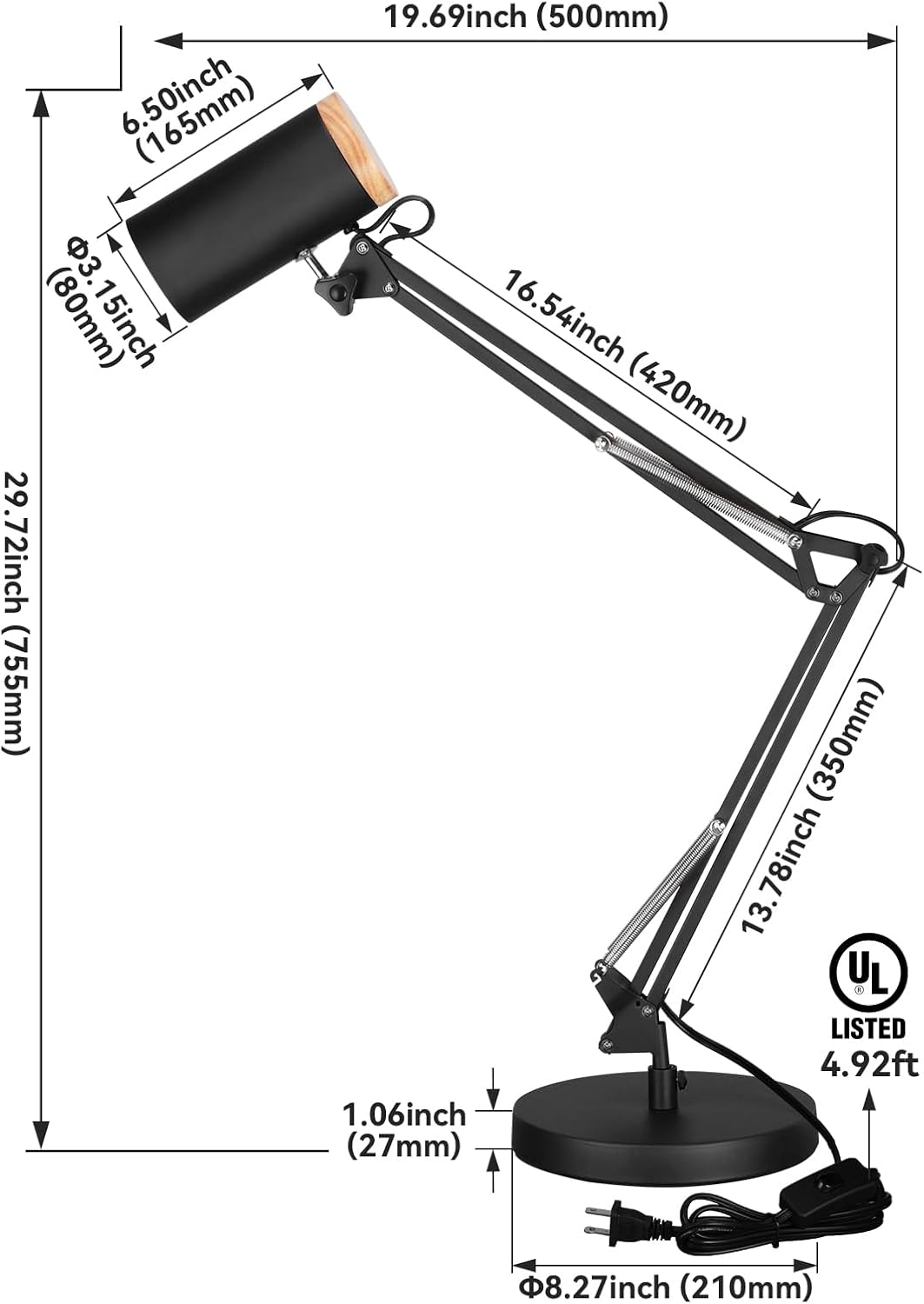 TORCHSTAR Tall Swing Arm Desk Lamp with Wooden Accent, Adjustable Large Size Max Height 31", E26 Base Metal Task Lamp, Office Desktop Lamp with On/Off Switch, for Reading, Study, Workbench, Black