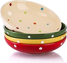 Jucoan 4 Pack Porcelain Pasta Salad Bowls, 8 Inch Colorful Polka Dot Ceramic Bowl Plate Set, Wide and Shallow Serving Dish for Pasta, Salad, Soup, 2 Inch Deep, Microwave & Dishwasher Safe