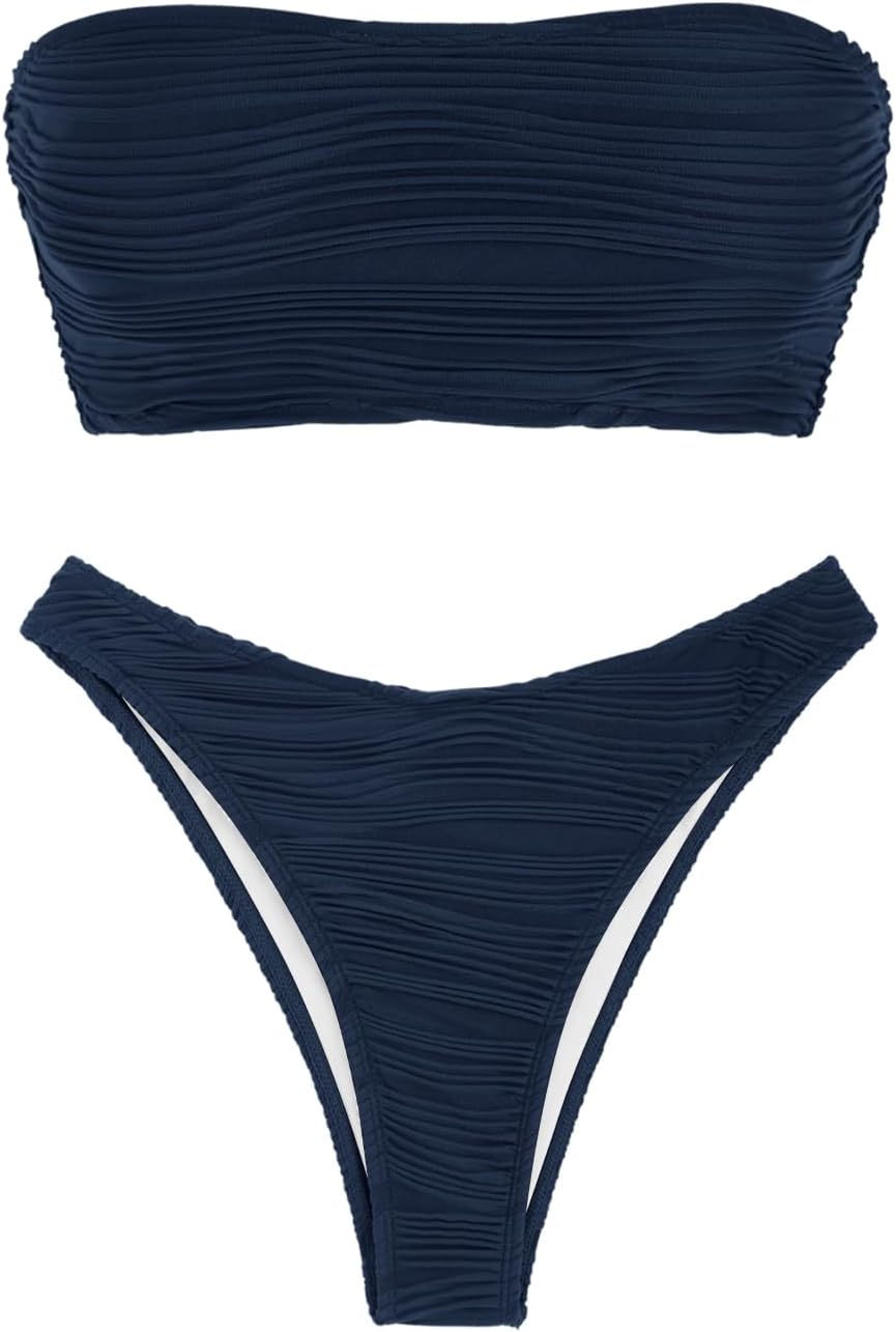 ZAFUL Women Strapless Textured Bandeau Bikini 2 Piece Swimwear Cheeky Solid Lace up Bathing Suits - Image 4