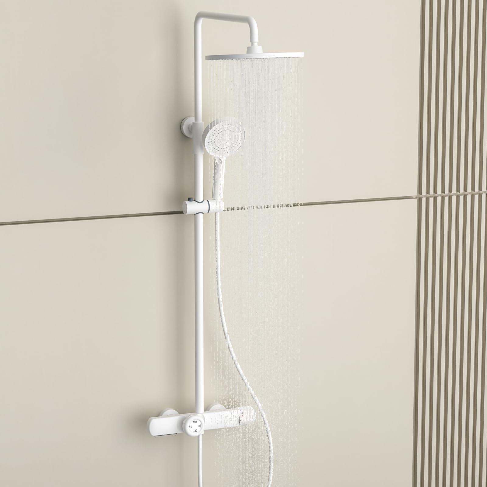 Système de douche rond blanc avec colonne effet pluie 30x20 et douchette 5 jets