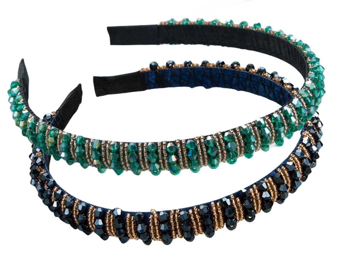 scicent Hairband 2 Pieces Crystal Rhinestone Headbands Thin Embellished Head Band Fashion Hair Bands Party Wedding Headpiece Hair Accessories for Women and Girls (Black+Green) - Image 3