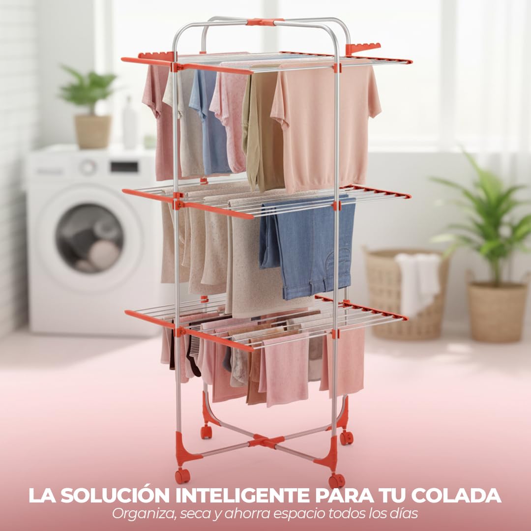 Tendedero Vertical Plegable 30M 3 Niveles con Ruedas 69.5×69.5×141.5cm - Tendedero de Pie Plegable de Aluminio para Interior y Exterior - Tenderetes de Ropa Plegables Ahorra Espacio