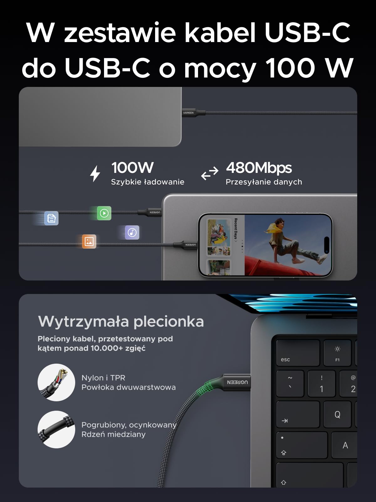 UGREEN Nexode Air 100 W USB-C ładowarka z kablem USB-C 1 m, 1 port USB-C | Ładowarka GaN z kablem ładującym, kompaktowa ładowarka do laptopów MacBook Pro, MacBook Air, iPhone, iPad Pro, Galaxy