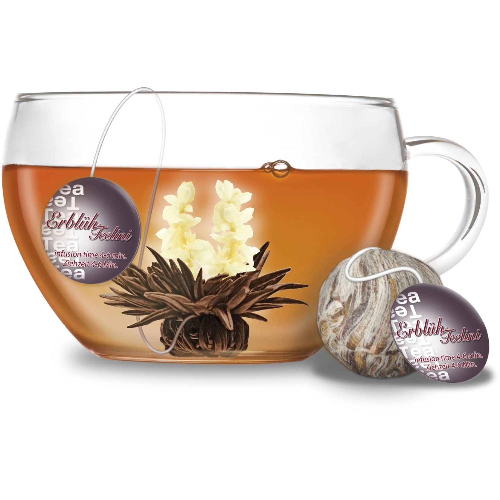 Creano Coffret Cadeau Teelini Noir – 8 Fleurs de Thé Noir en Portion de Tasse avec Tasse en Verre 200ml & Couvercle – Idée Cadeau Anniversaire, Collègue & Détente