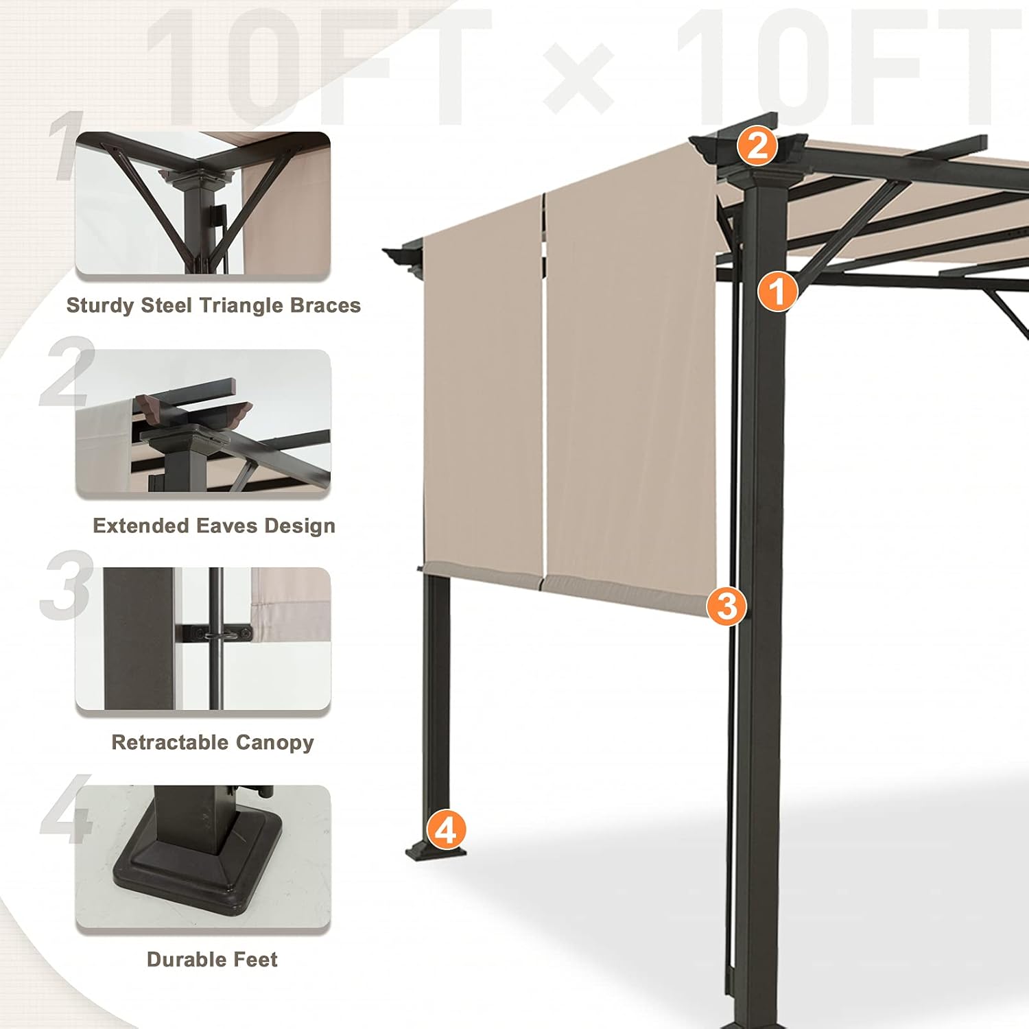 Diagram showing key features of the pergola: Sturdy Steel Triangle Braces, Extended Eaves Design, Retractable Canopy, Durable Feet.