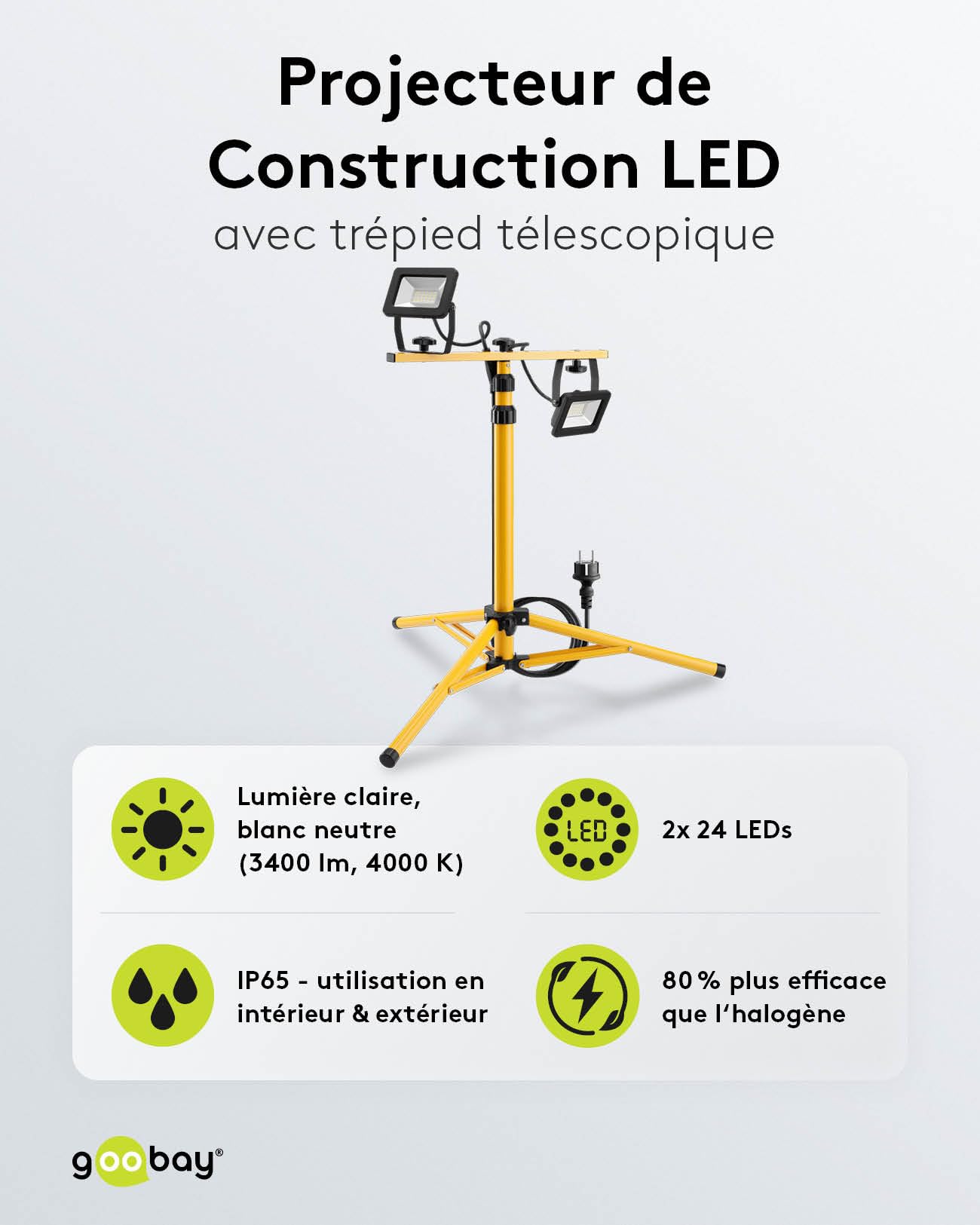 goobay 57845 Projecteur de chantier LED sur pied télescopique 2 x 20W / 3400lm / Lumière blanc neutre - 4000K / Pour l'intérieur & l'extérieur - IP65 / Noir/Jaune