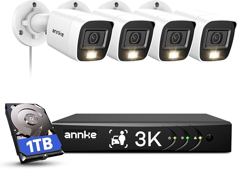 Sistema de cámara de seguridad con cable 3K de 8 canales con luz dual inteligente, disco duro de 1 TB | 4 cámaras analógicas CCTV de 5MP (2960*1665), detección de personas/vehículos AI, micrófono incorporado, visión nocturna en color, IP67, grabación 24 horas al día, 7 días a la semana