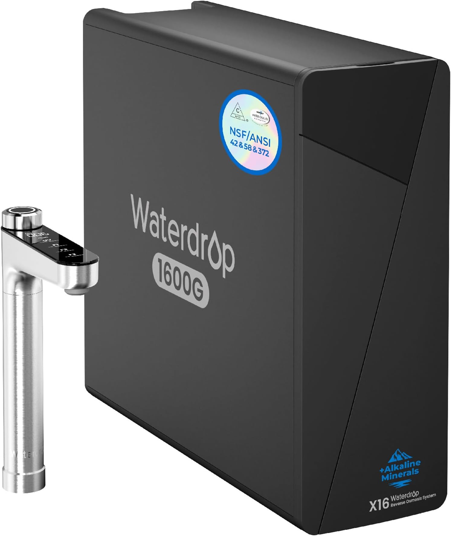 Waterdrop X16-BAS Reverse Osmosis Water Filter, Alkaline Mineral, NSF/ANSI 42&58&372 Certified, 1600 GPD, 11-Stage Filtration, UnderSink RO, 3:1 Pure to Drain, Smart Stainless Steel Faucet, BPA Free