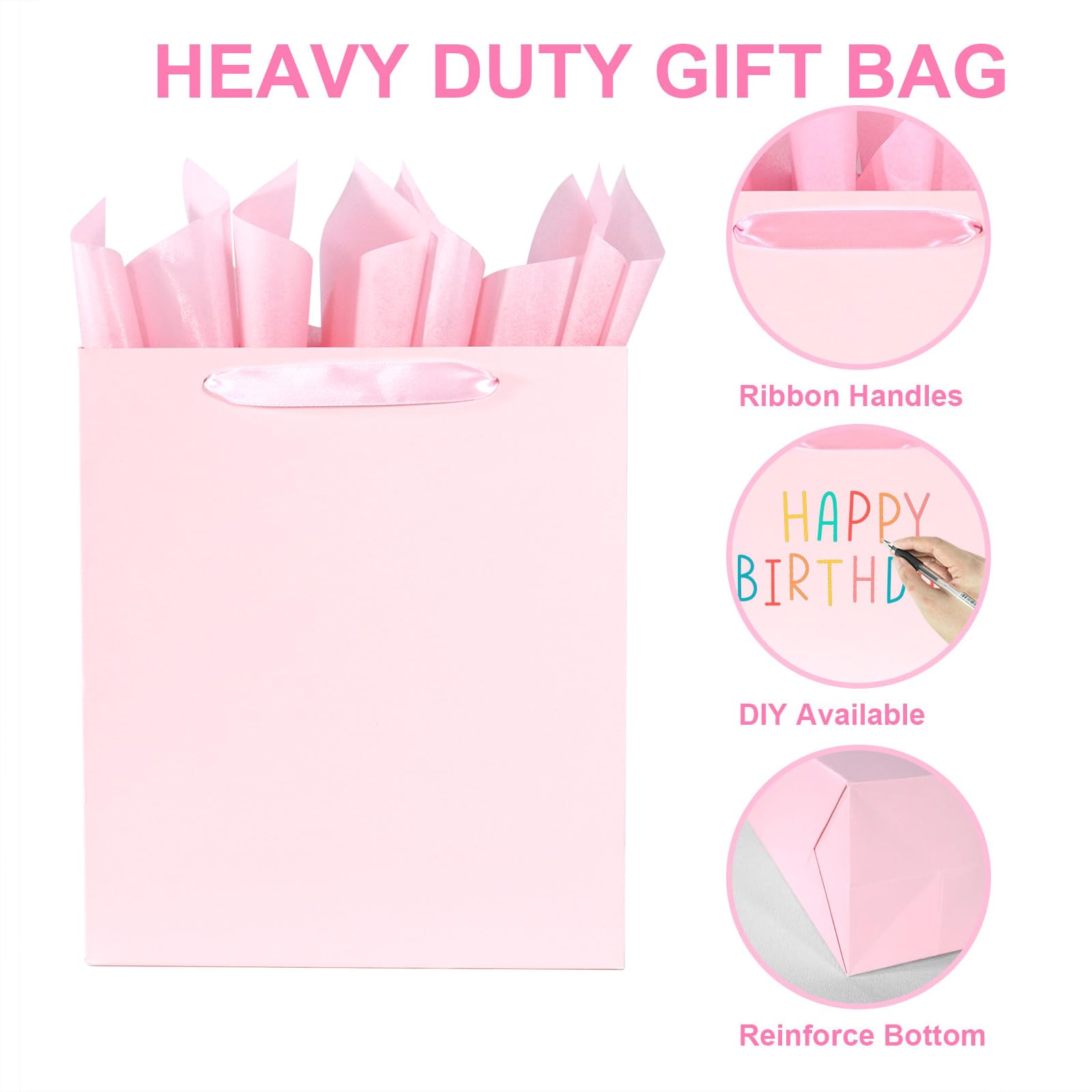 Elegant Pink Gift Bag 10.2"x4.7"x12.2" with Ribbon Handles, Includes Card and Tissue Papers, Perfect for Birthdays, Weddings, Parties, Holidays, Baby Shower