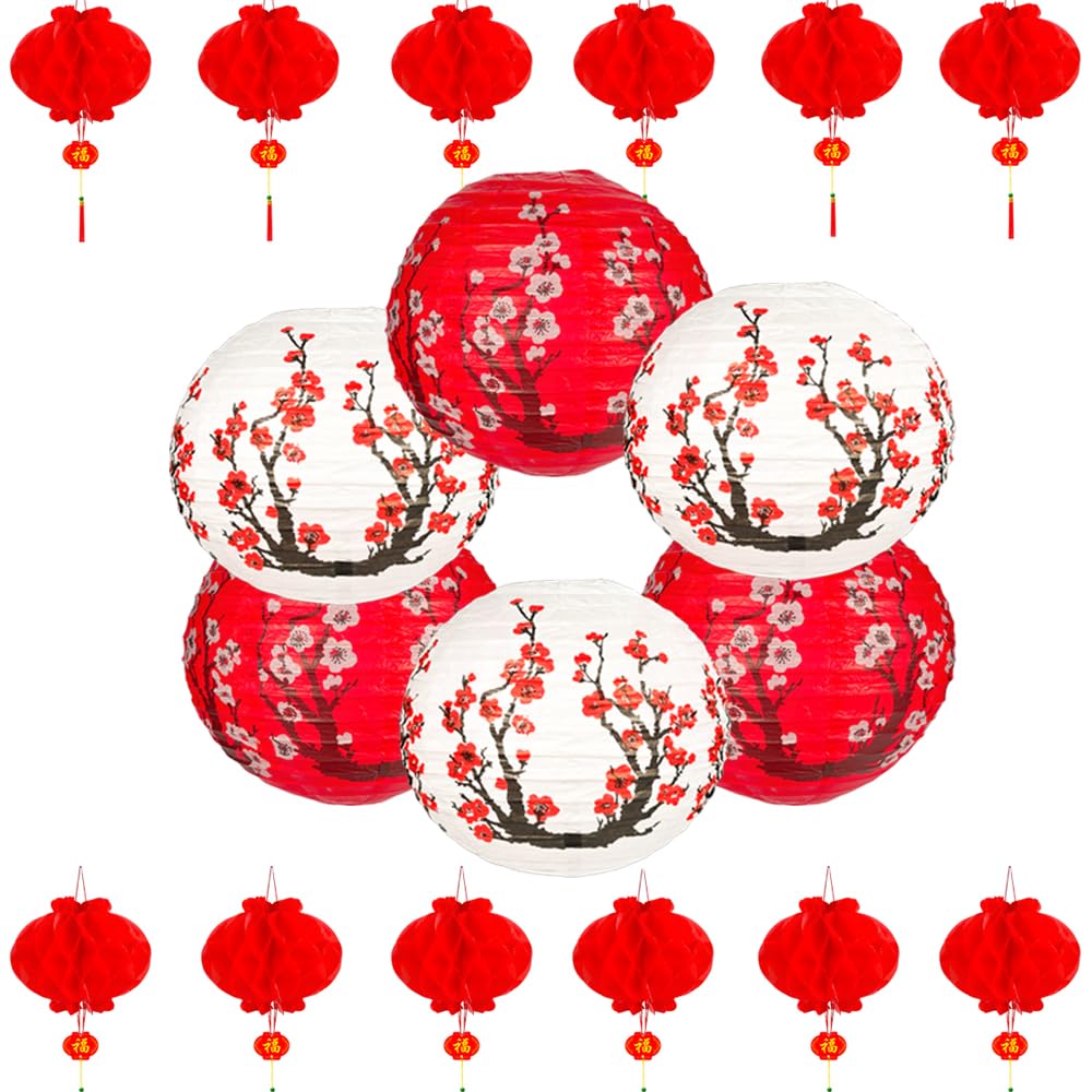 Aiminjey 26Pack Chinese Japanese Paper Lanterns Red Cherry Blossom Hanging Paper Lantern Decoration, 12in 8in Hanging Lanterns for Asian Birthday Hibachi Wedding Baby Shower Party Lunar New Year Decor