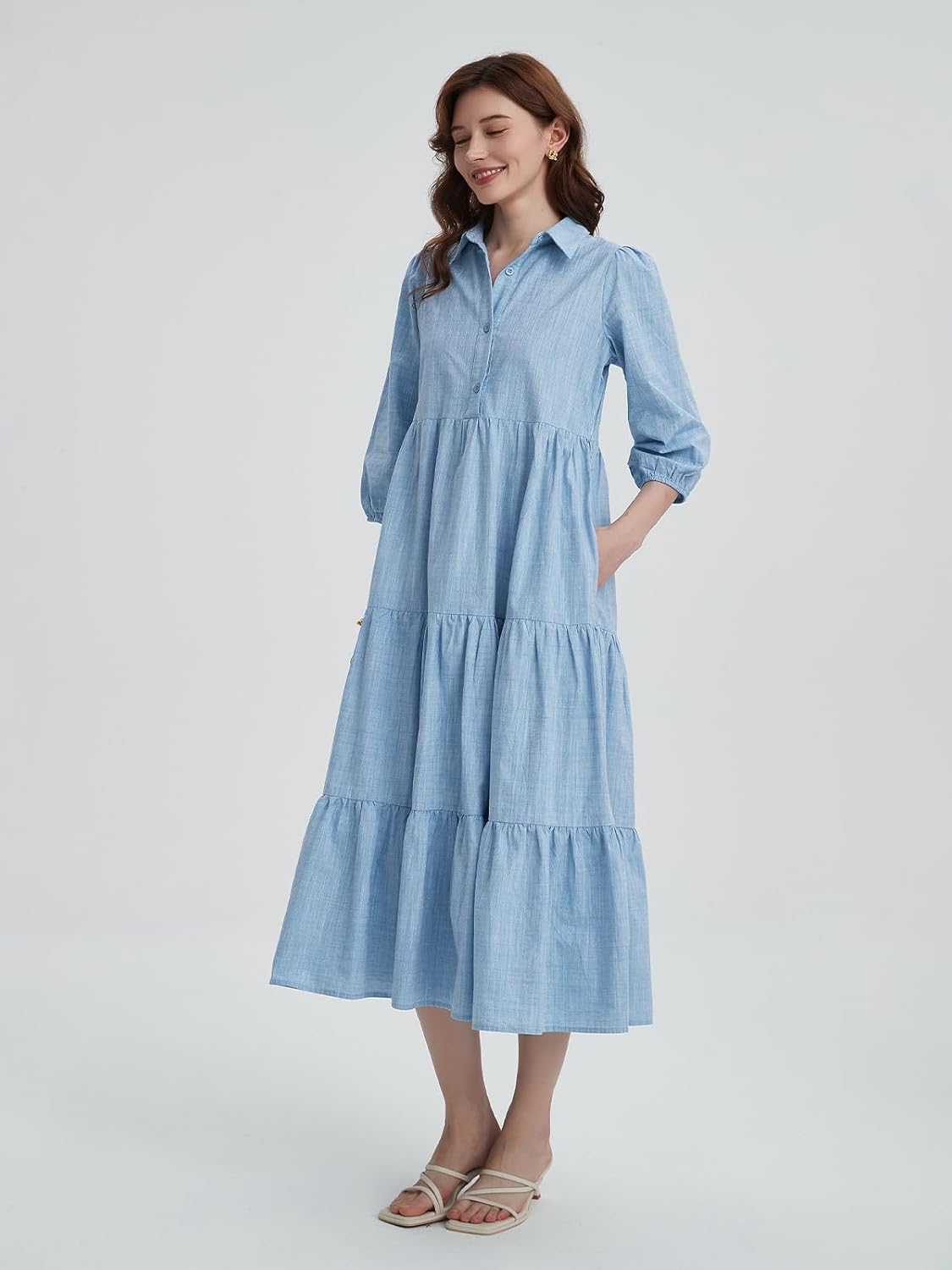 D-Sun Women Long Sleeve Maxi Dress V Neck Button Down Flowy Tiered Ruffle Shirt Dress Casual Fall Long Dresses - Image 7