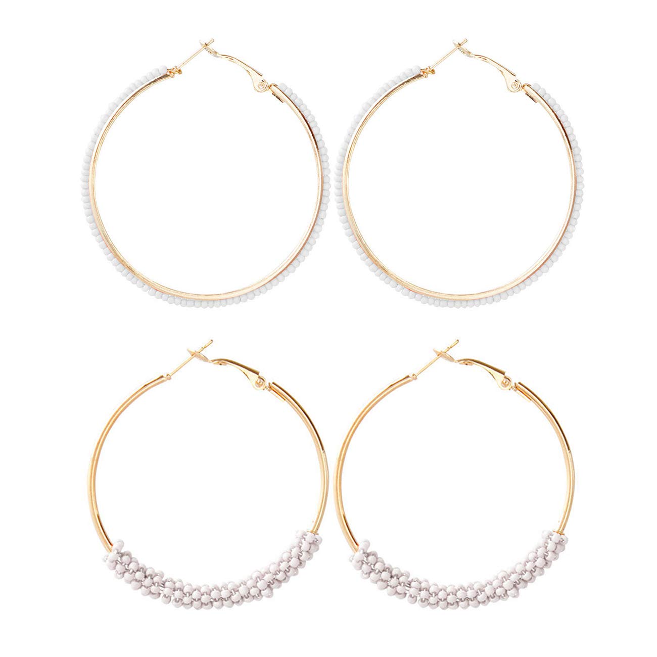 2 Pairs Bohemian Colorful Beads Circle Round Hoop Earrings Gold Hoop Dangle Earrings for Women Vintage Boho Jewelry