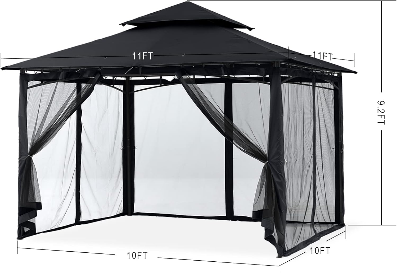 Diagram showing dimensions of the gazebo: 10ft x 10ft base, 9.2ft height